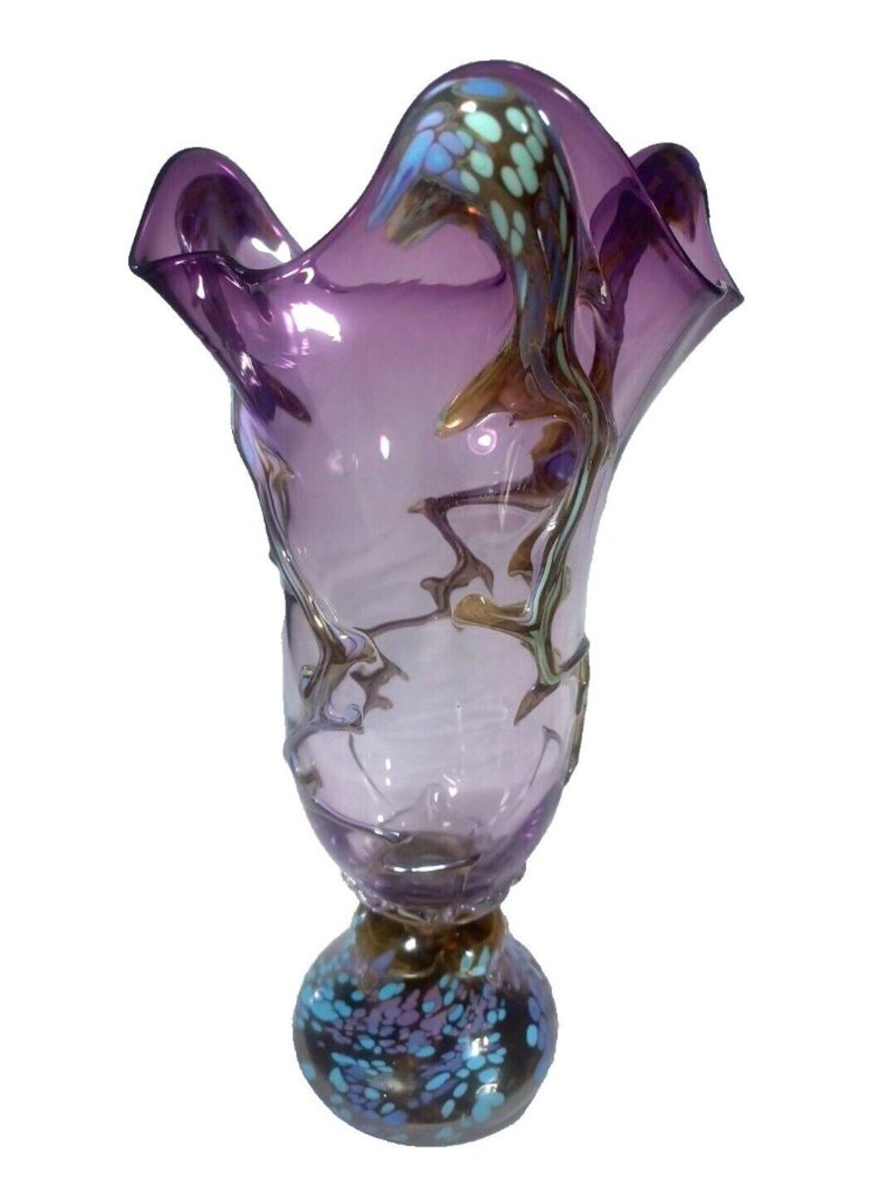 Stunning 13 X 7.5  Purple Gold Art Deco Murano Tree Of Life  Centerpiece Vase